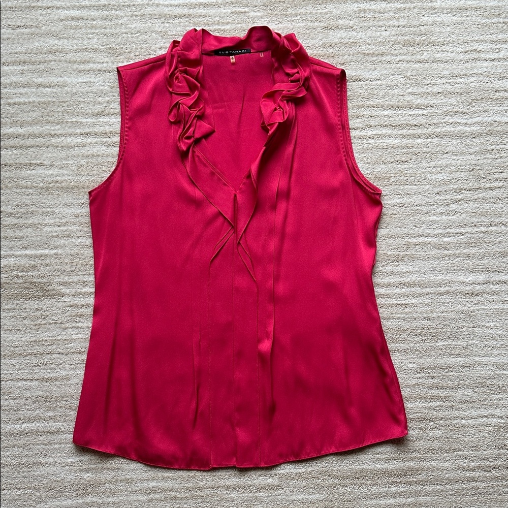 Elite Tahari Red Silk Sleeveless Ruffle Blouse Size Small